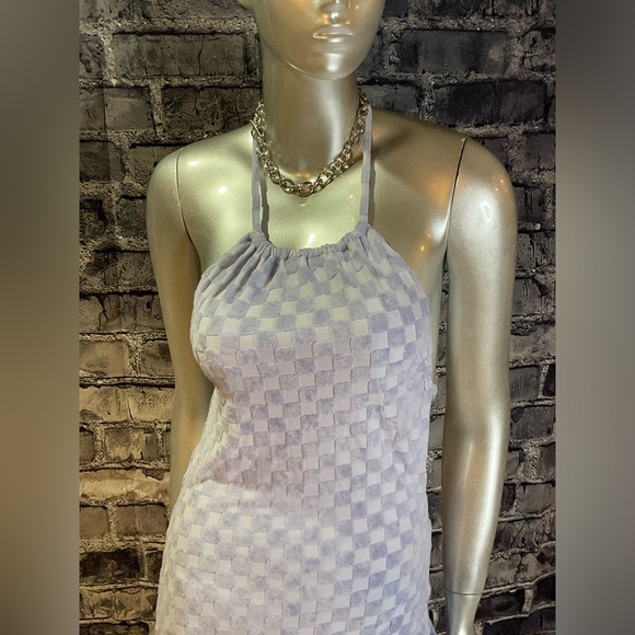 Baby Blue Checkered Print Halter Mini Dress - Picture 8 of 9